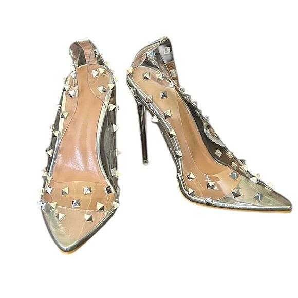 New! Stunning Stiletto Clear High Heel with Silver Studs Size 38 - Picture 2 of 10